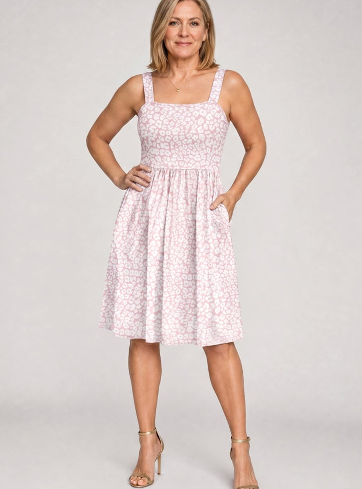 Women's Square Neck Floral Print Sleeveless Knee-Length Dress - Pink