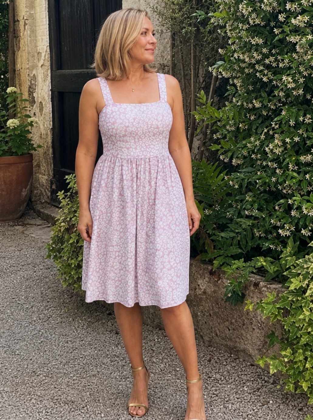 Women's Square Neck Floral Print Sleeveless Knee-Length Dress