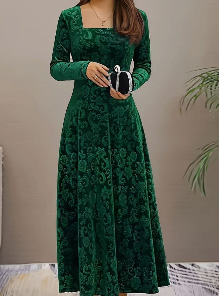 Women's Square Neck Velvet Floral Embossed Party Dress - Green