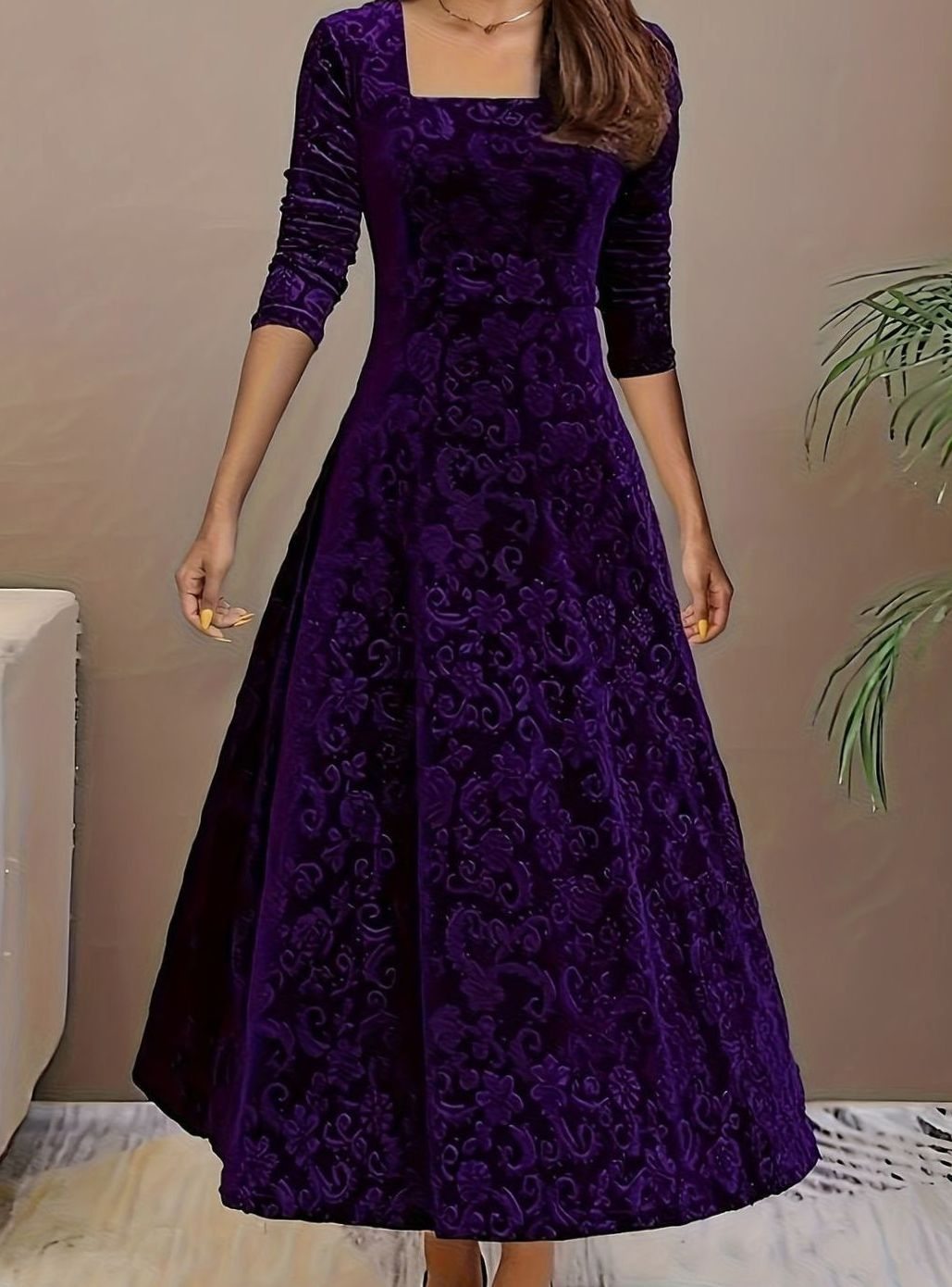 Women's Square Neck Velvet Floral Embossed Party Dress - Purple