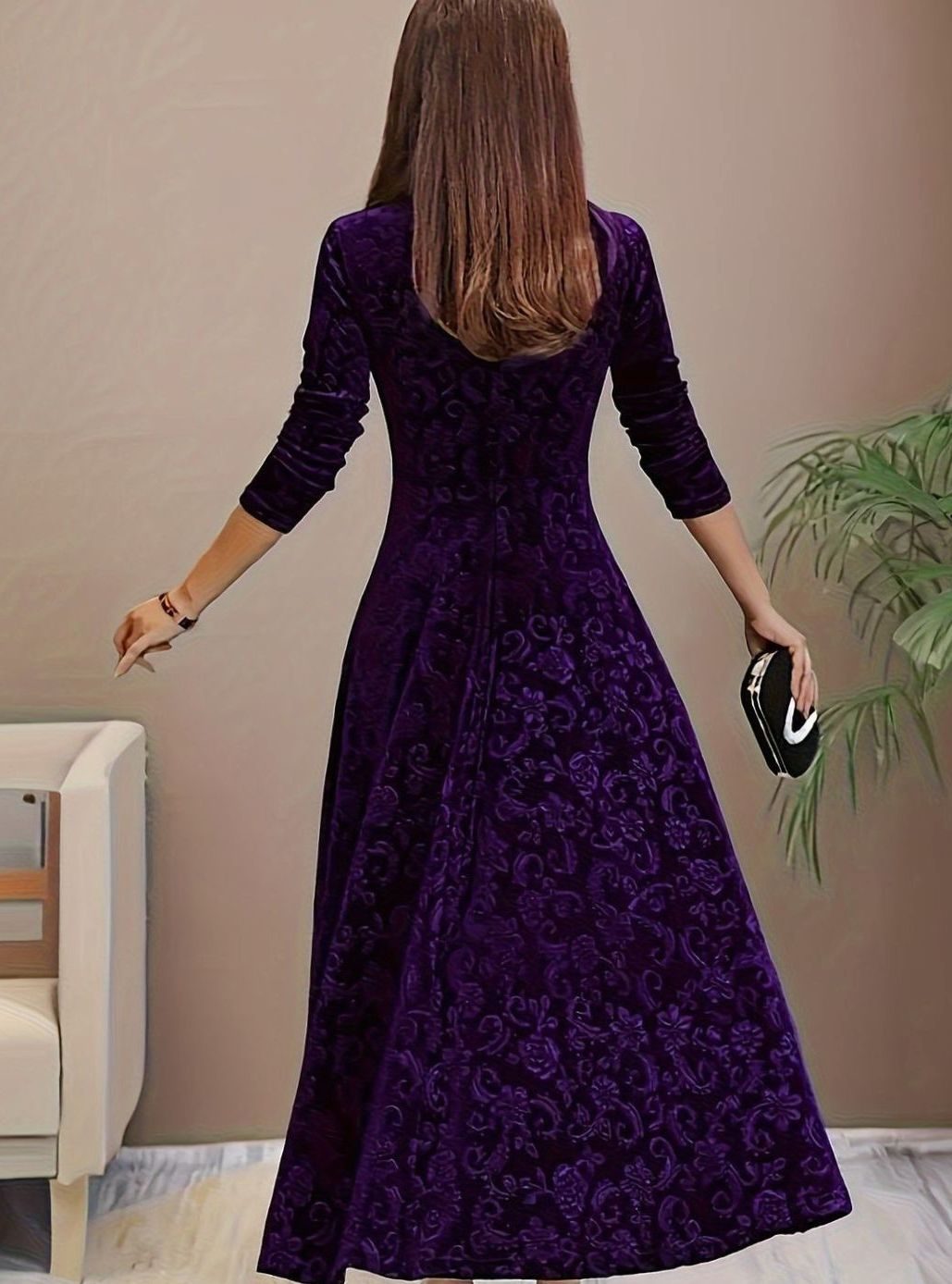 Women's Square Neck Velvet Floral Embossed Party Dress