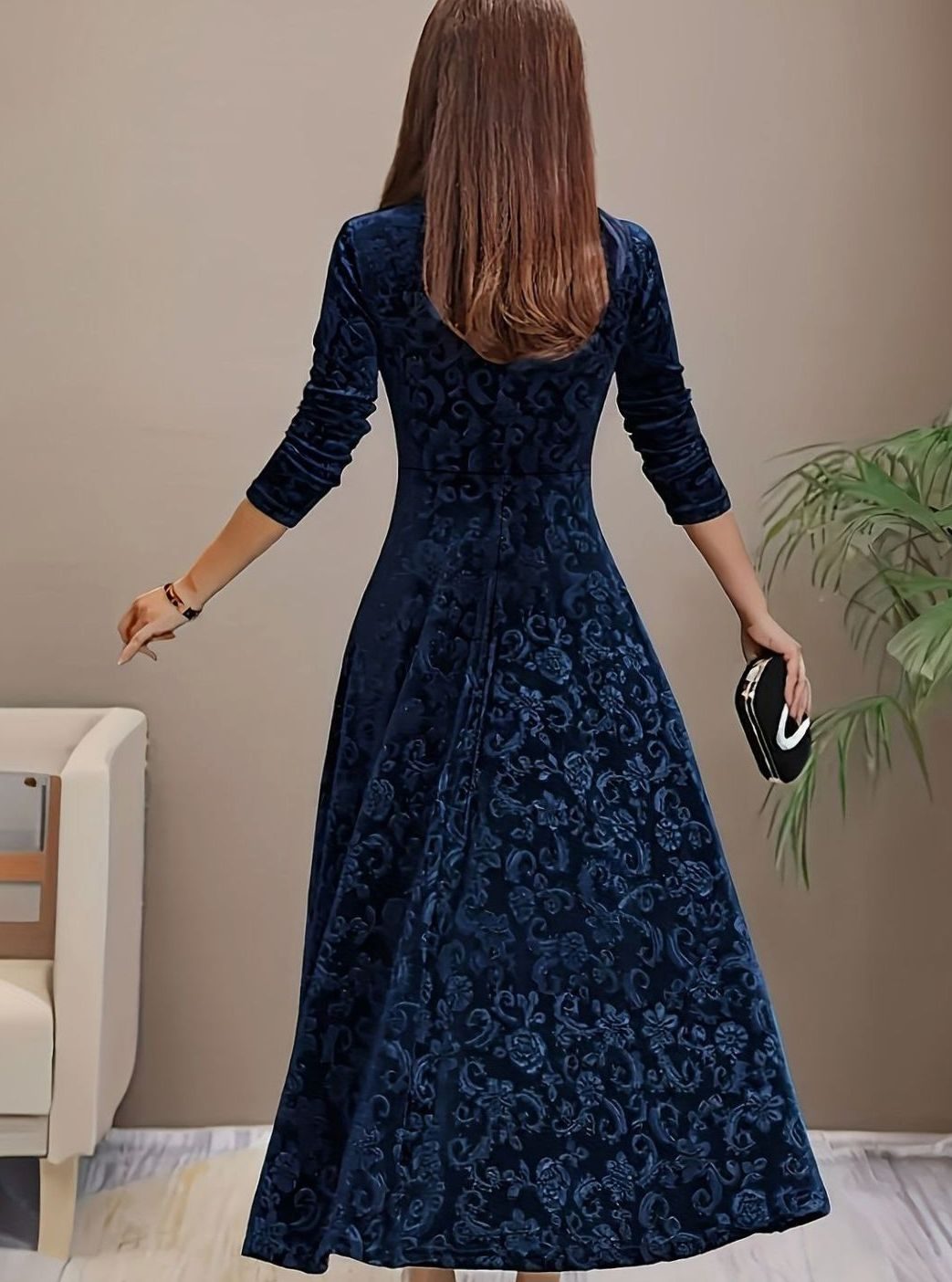 Women's Square Neck Velvet Floral Embossed Party Dress