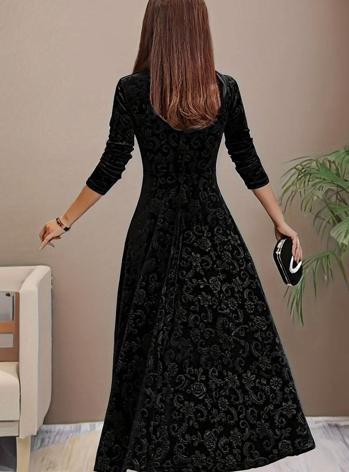 Women's Square Neck Velvet Floral Embossed Party Dress