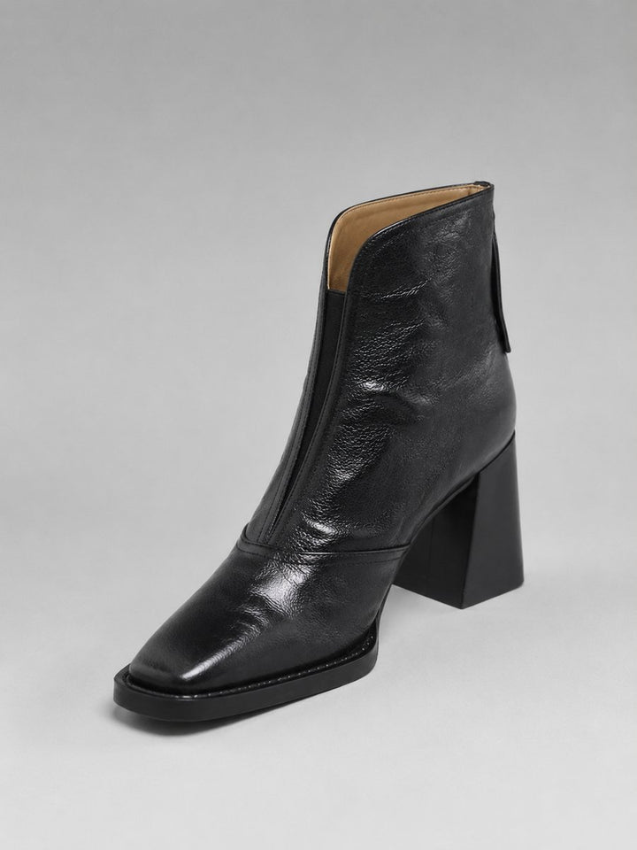 Women's Square-Toe Block-Heel Leather Ankle Boots - Black