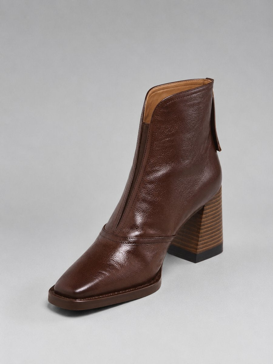 Women's Square-Toe Block-Heel Leather Ankle Boots - Brown