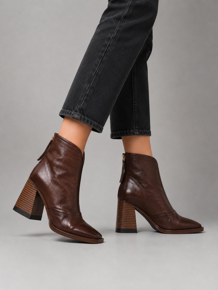 Women's Square-Toe Block-Heel Leather Ankle Boots