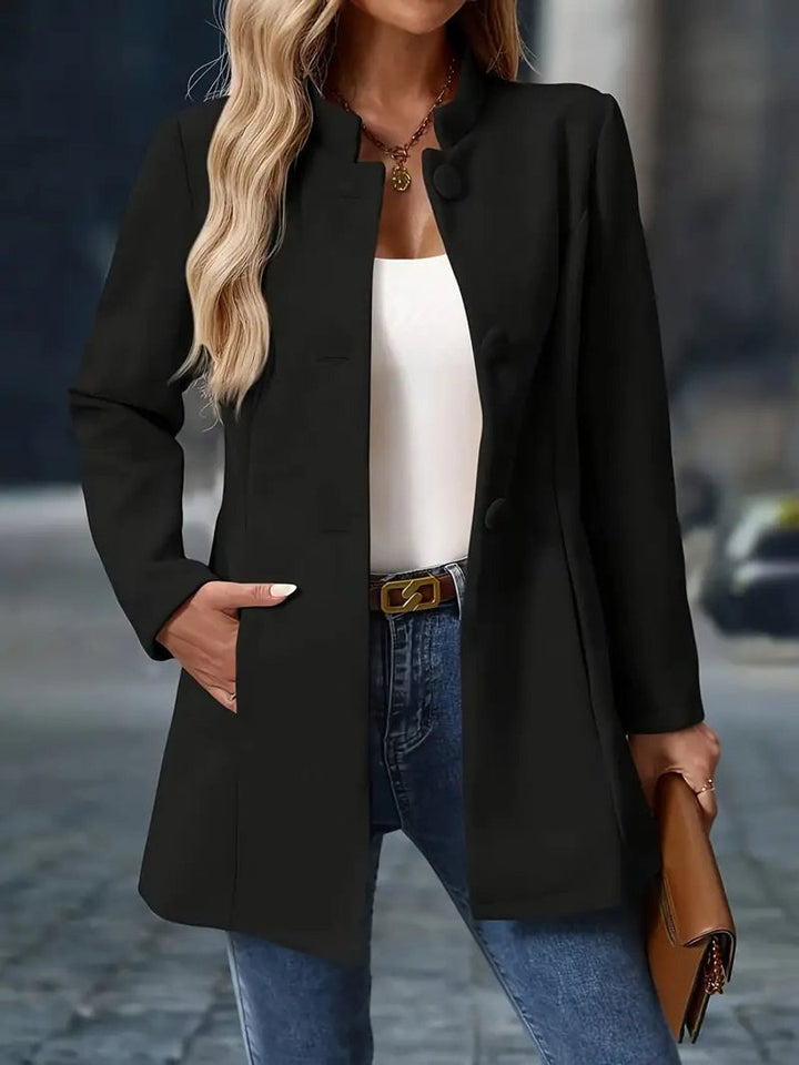 Women's Stand-Collar Button-Front Longline Blazer Coat - Black