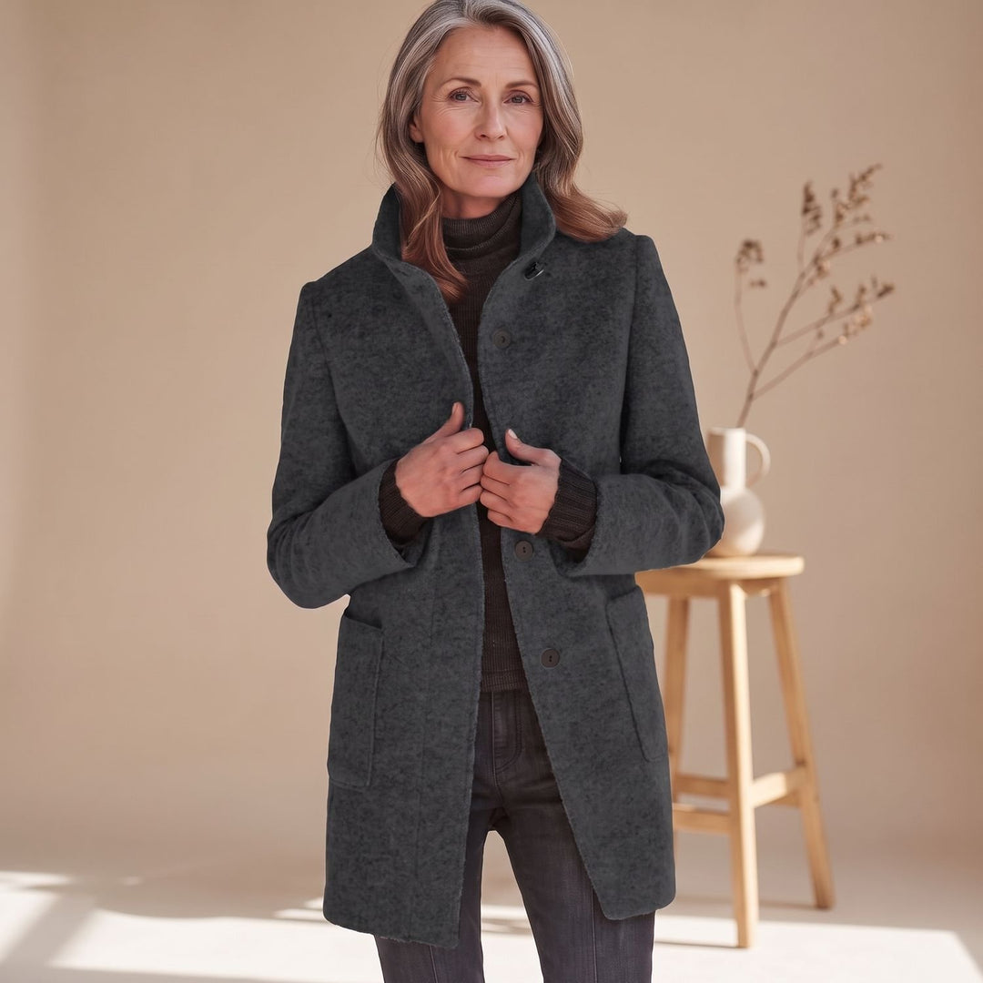 Women's Stand-Collar Button-Front Wool-Blend Midi Coat - Dark Gray