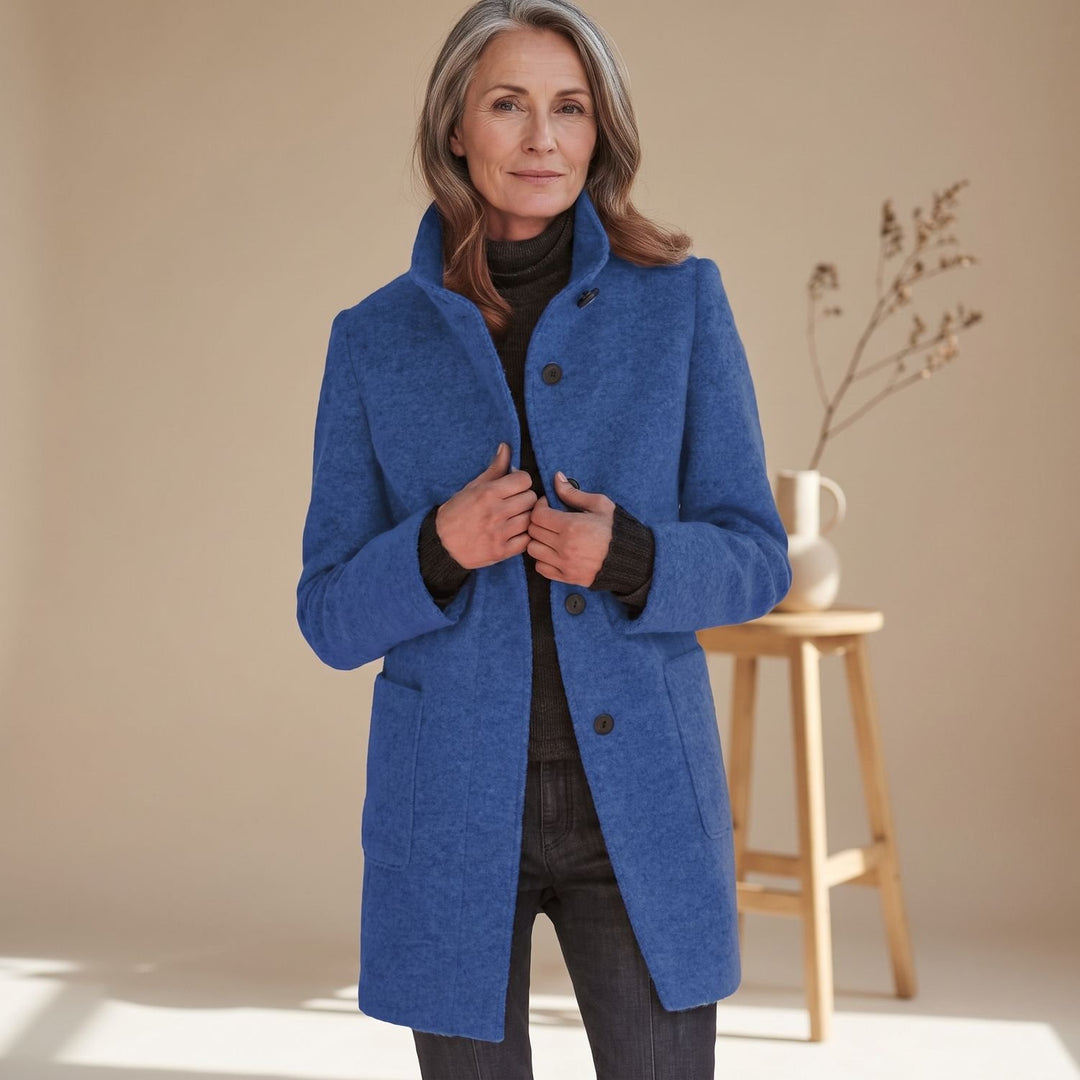 Women's Stand-Collar Button-Front Wool-Blend Midi Coat - Blue