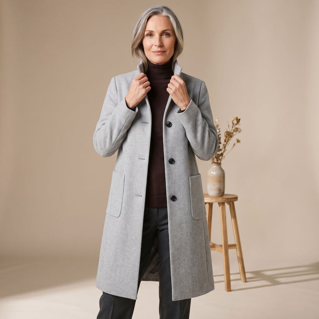 Women's Stand-Collar Button-Front Wool-Blend Midi Coat - Gray