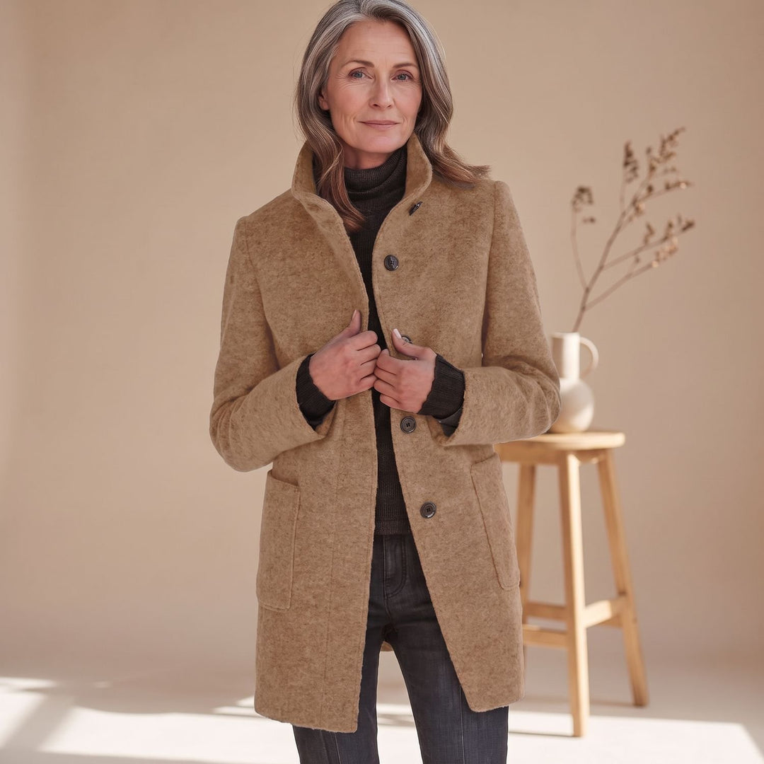 Women's Stand-Collar Button-Front Wool-Blend Midi Coat - Light Brown