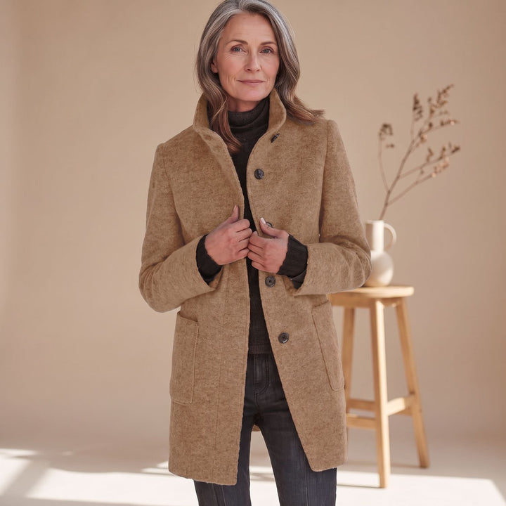 Women's Stand-Collar Button-Front Wool-Blend Midi Coat - Light Brown