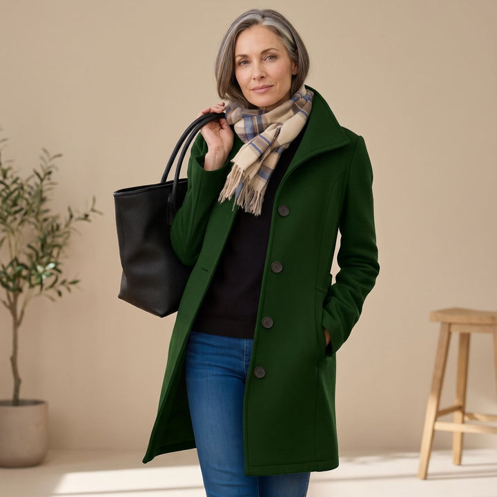 Women's Straight-Cut Button-Front Mid-Length Coat Collar - Dark Green