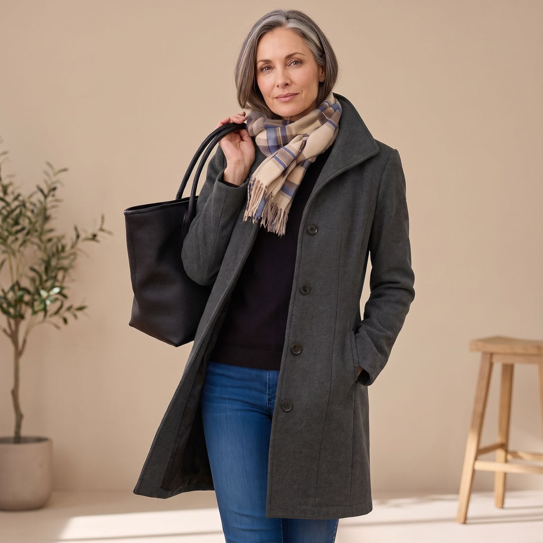 Women's Straight-Cut Button-Front Mid-Length Coat Collar - Grey