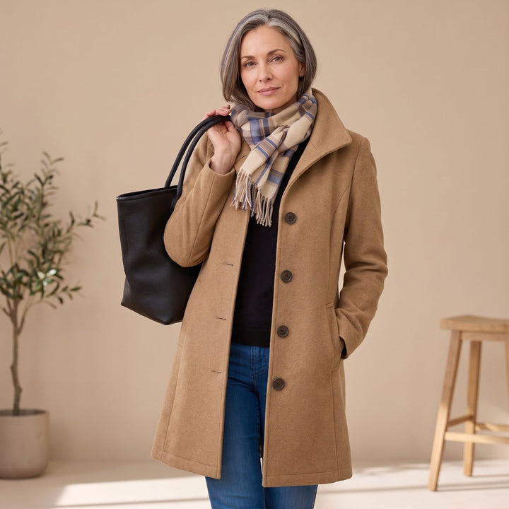 Women's Straight-Cut Button-Front Mid-Length Coat Collar - Khaki