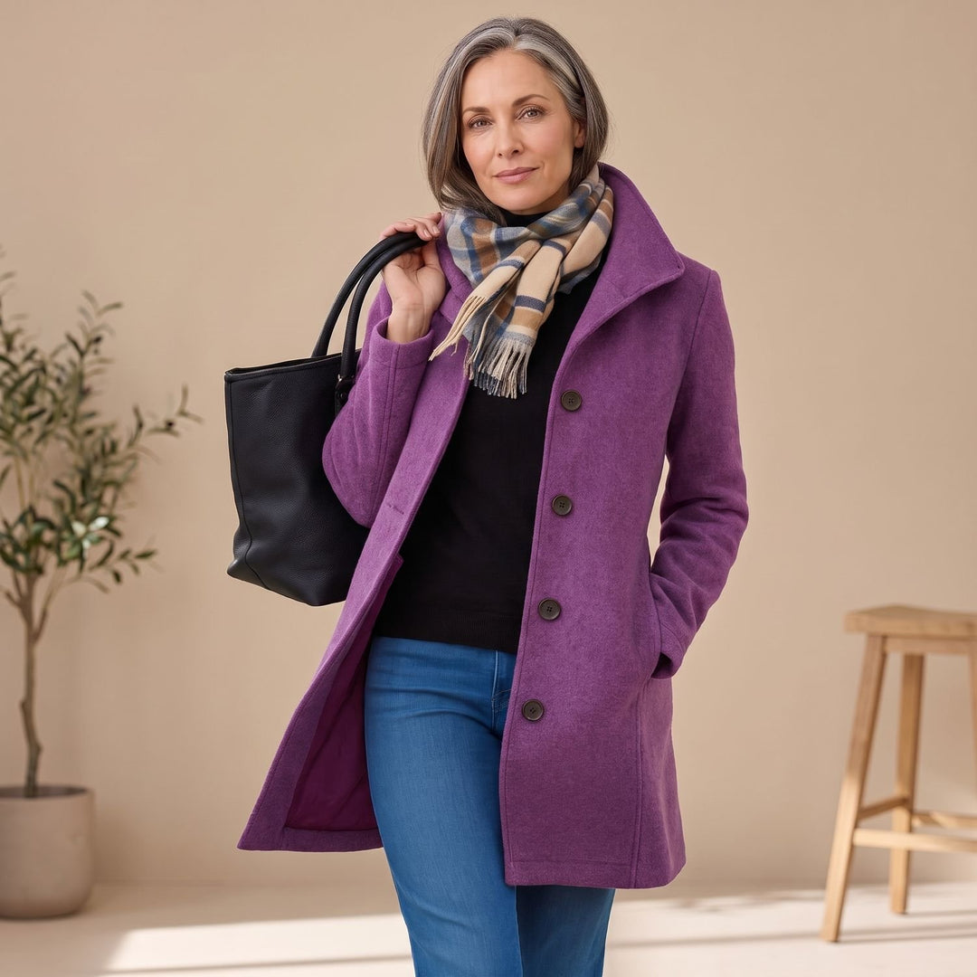 Women's Straight-Cut Button-Front Mid-Length Coat Collar - Purple