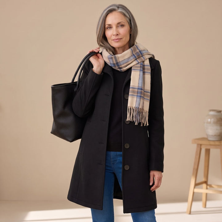 Women's Straight-Cut Button-Front Mid-Length Coat Collar - Black