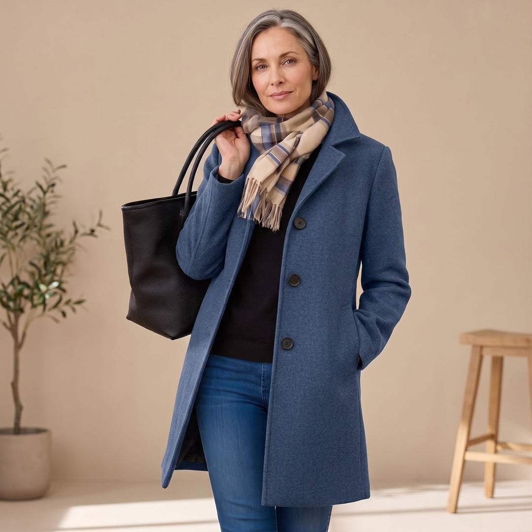 Women's Straight-Cut Button-Front Mid-Length Coat Collar - Blue