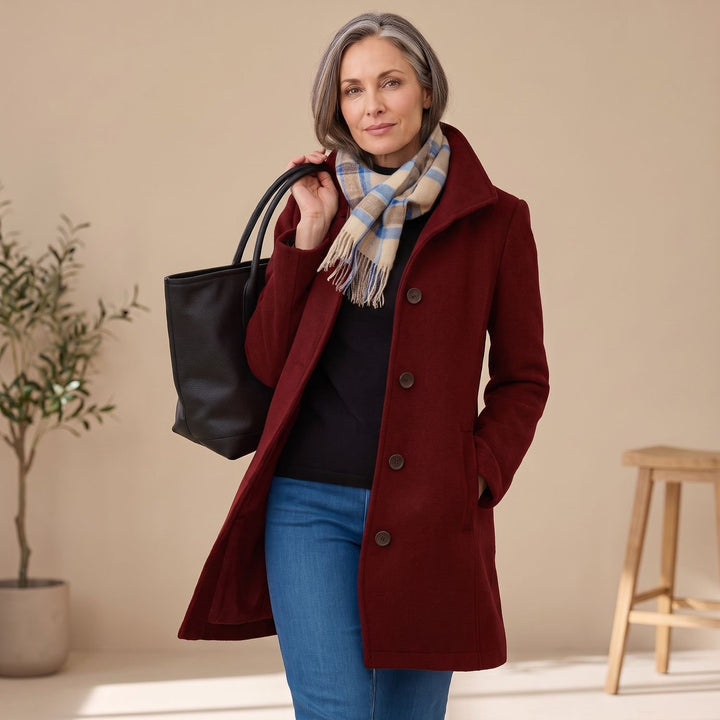 Women's Straight-Cut Button-Front Mid-Length Coat Collar - Red