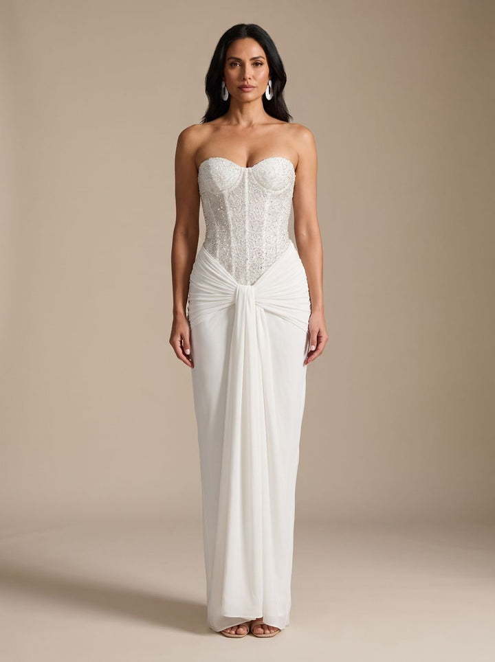 Women's Strapless Beaded Bodice Draped Maxi Dress - White