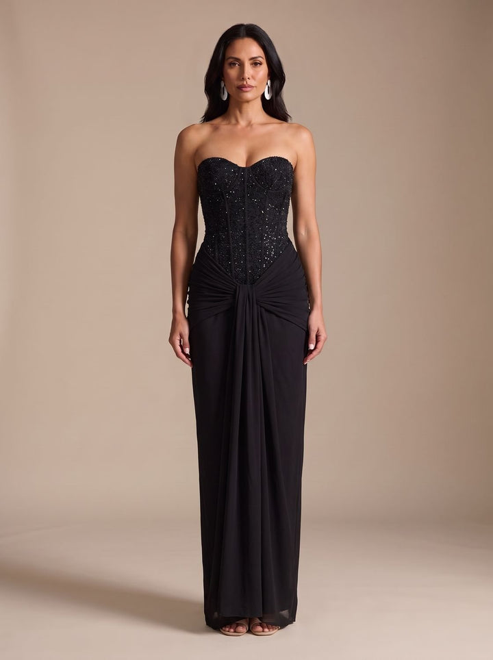 Women's Strapless Beaded Bodice Draped Maxi Dress