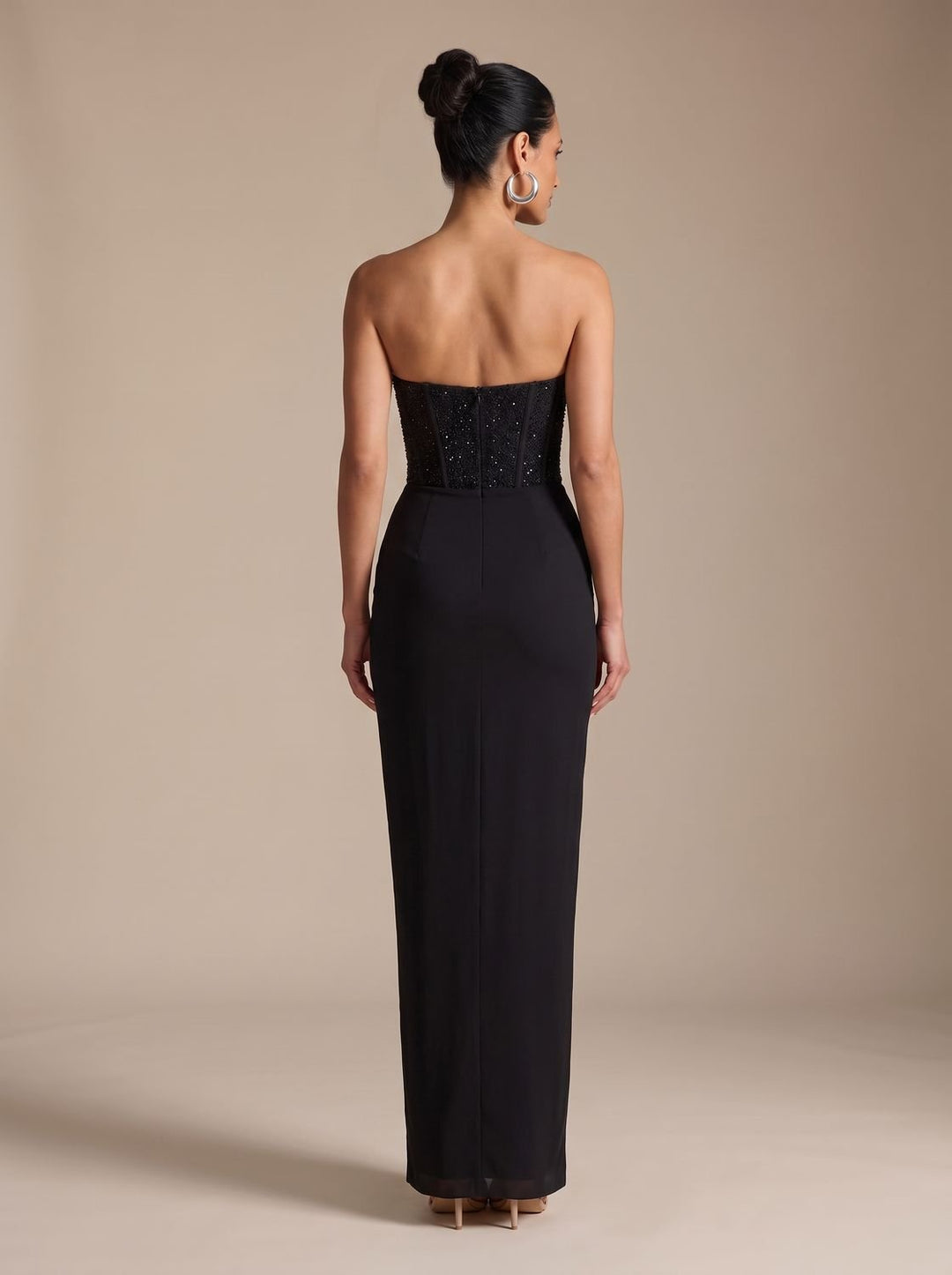 Women's Strapless Beaded Bodice Draped Maxi Dress