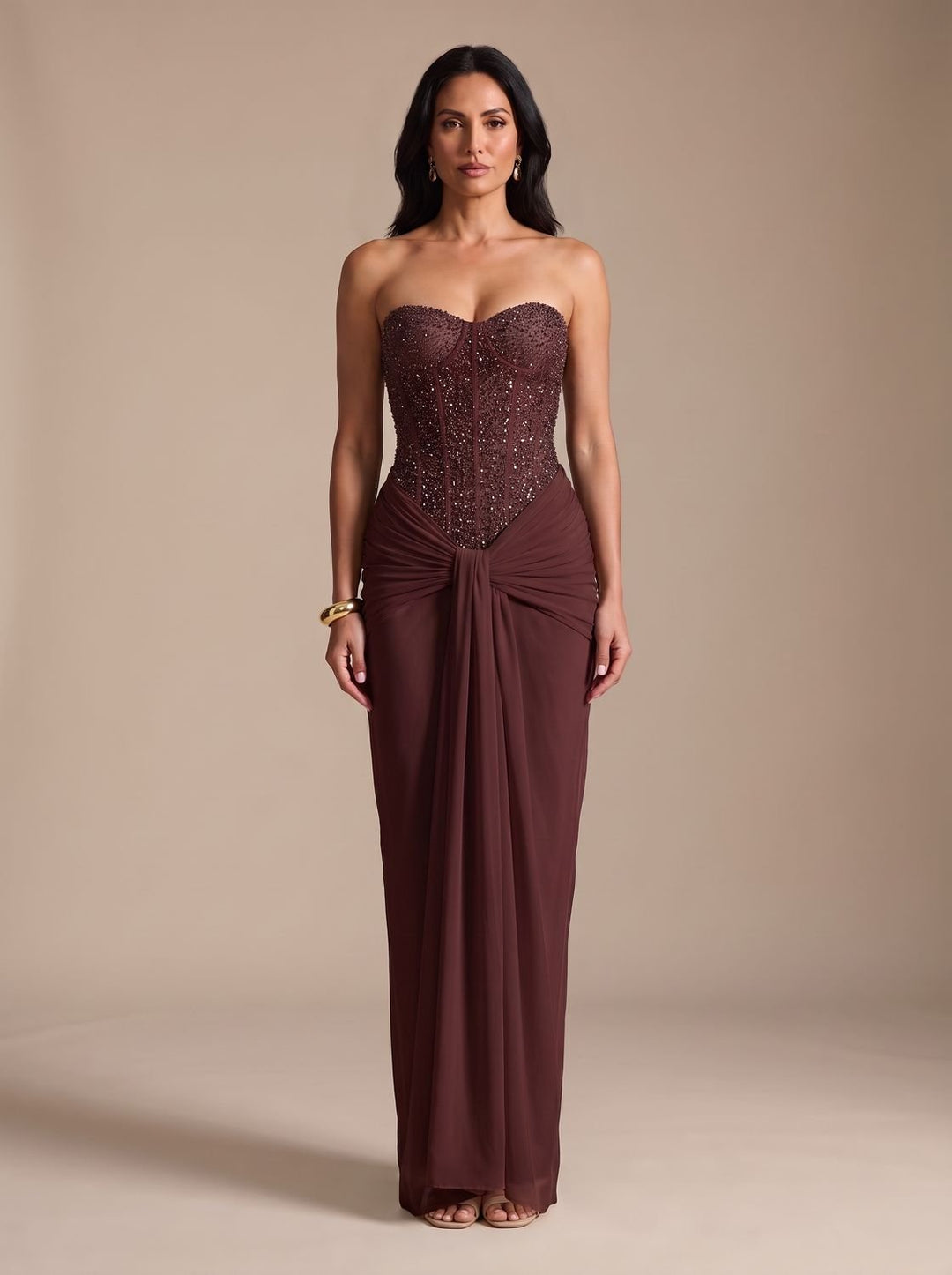 Women's Strapless Beaded Bodice Draped Maxi Dress - Dark Brown