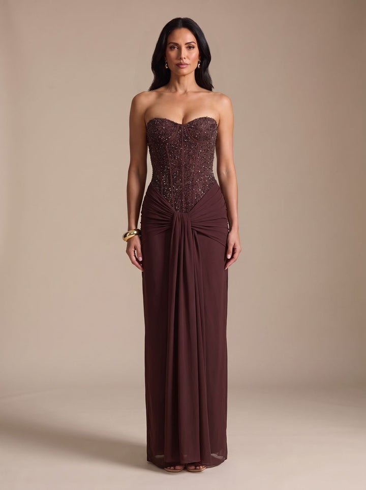 Women's Strapless Beaded Bodice Draped Maxi Dress