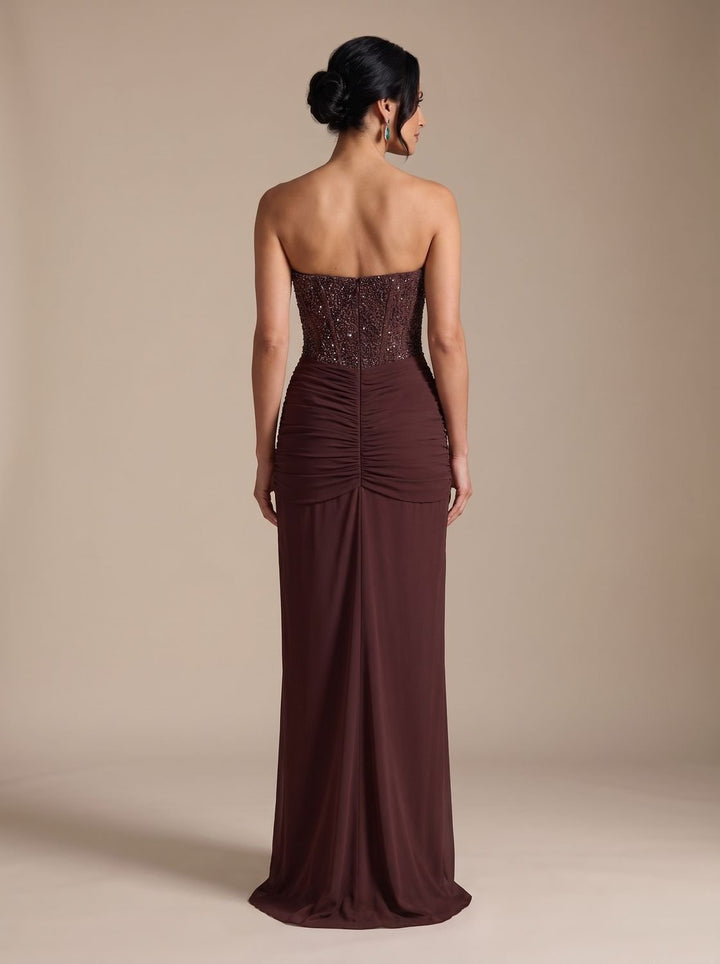 Women's Strapless Beaded Bodice Draped Maxi Dress