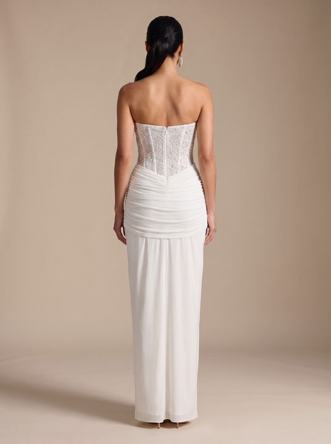 Women's Strapless Beaded Bodice Draped Maxi Dress