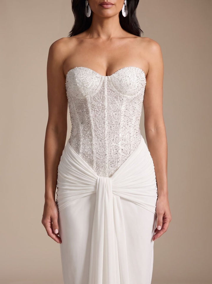 Women's Strapless Beaded Bodice Draped Maxi Dress