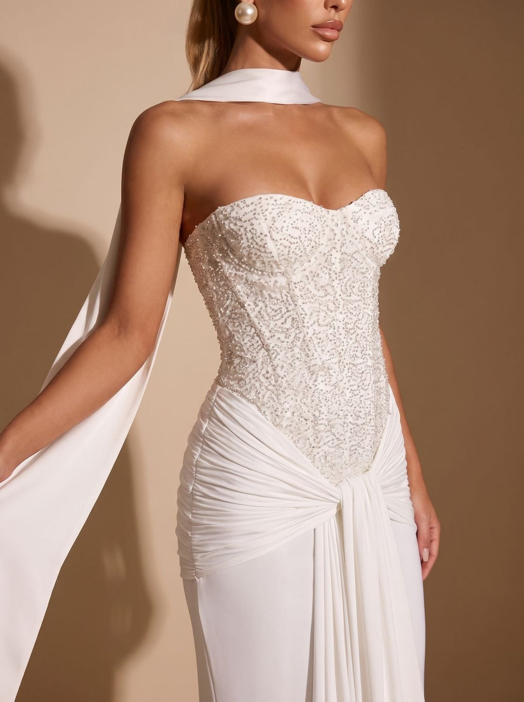 Women's Strapless Beaded Bodice Draped Maxi Dress