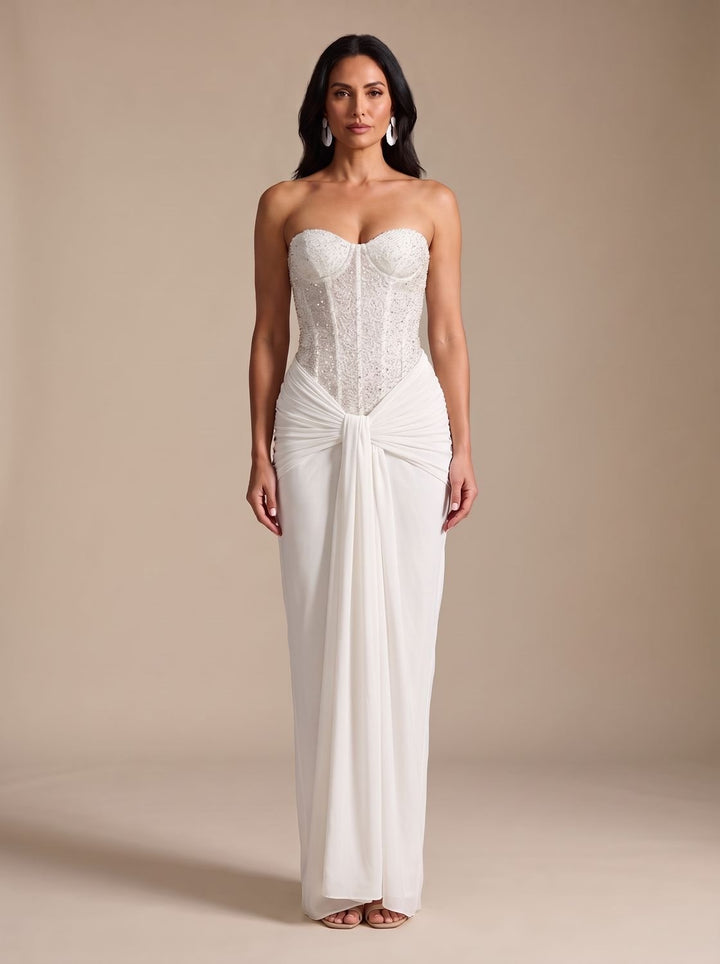 Women's Strapless Beaded Bodice Draped Maxi Dress