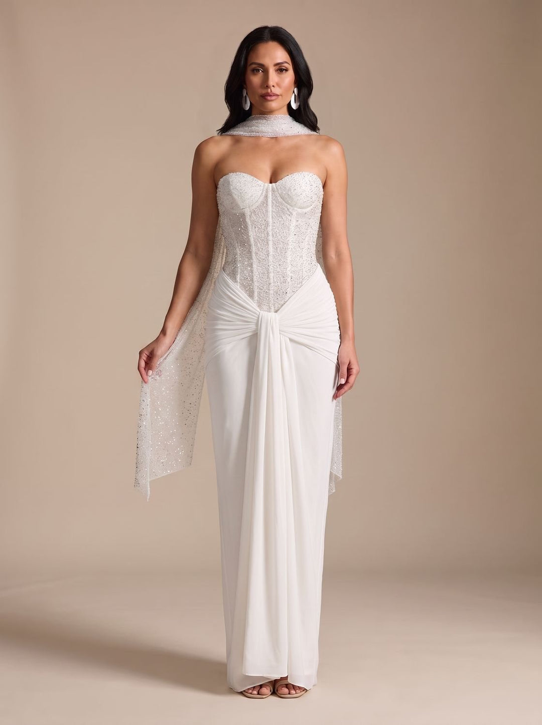 Women's Strapless Beaded Bodice Draped Maxi Dress