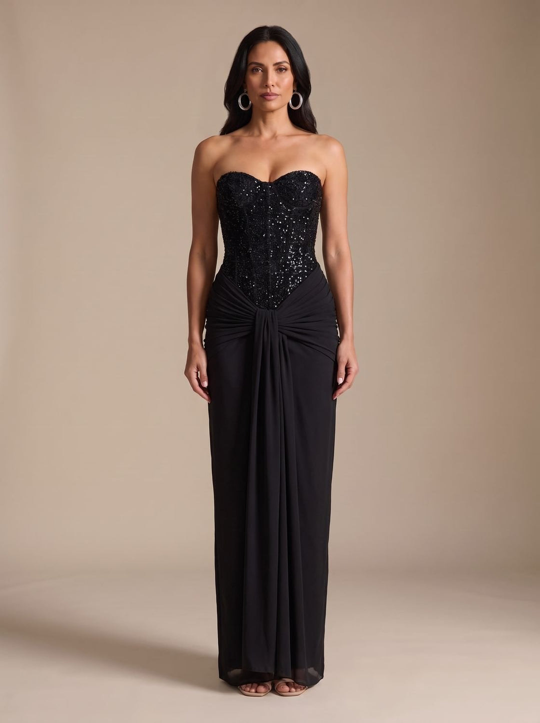 Women's Strapless Beaded Bodice Draped Maxi Dress - Black