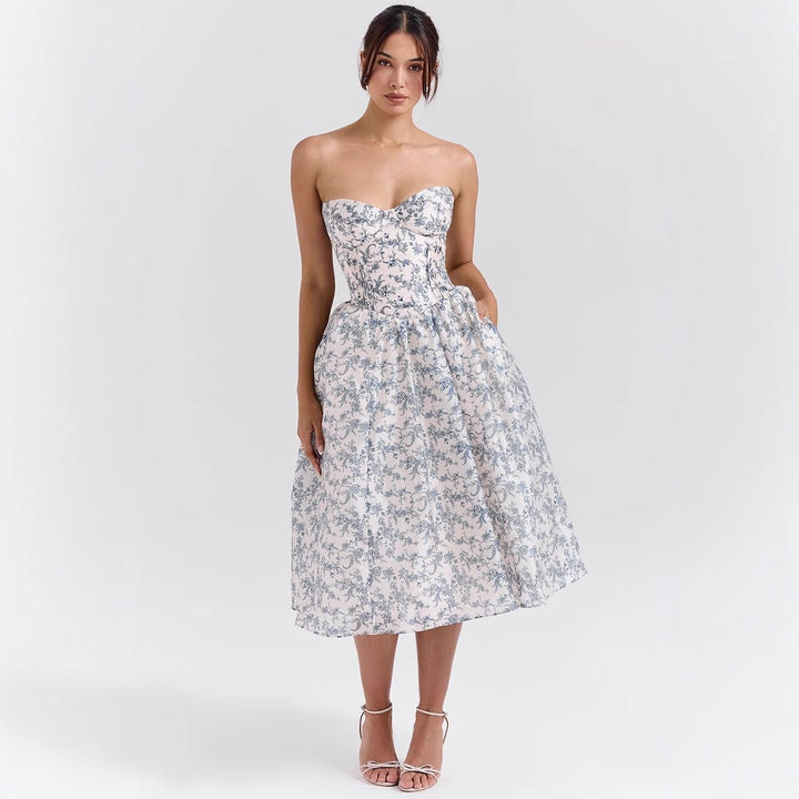 Women's Strapless Corset-Top Satin Midi Cocktail Dress - Rose