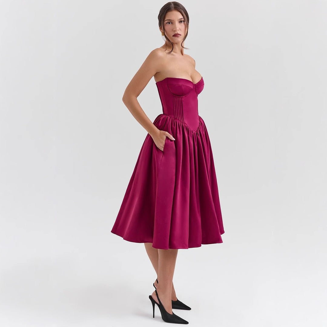 Women's Strapless Corset-Top Satin Midi Cocktail Dress - Magenta