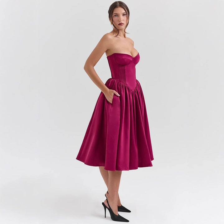 Women's Strapless Corset-Top Satin Midi Cocktail Dress - Magenta