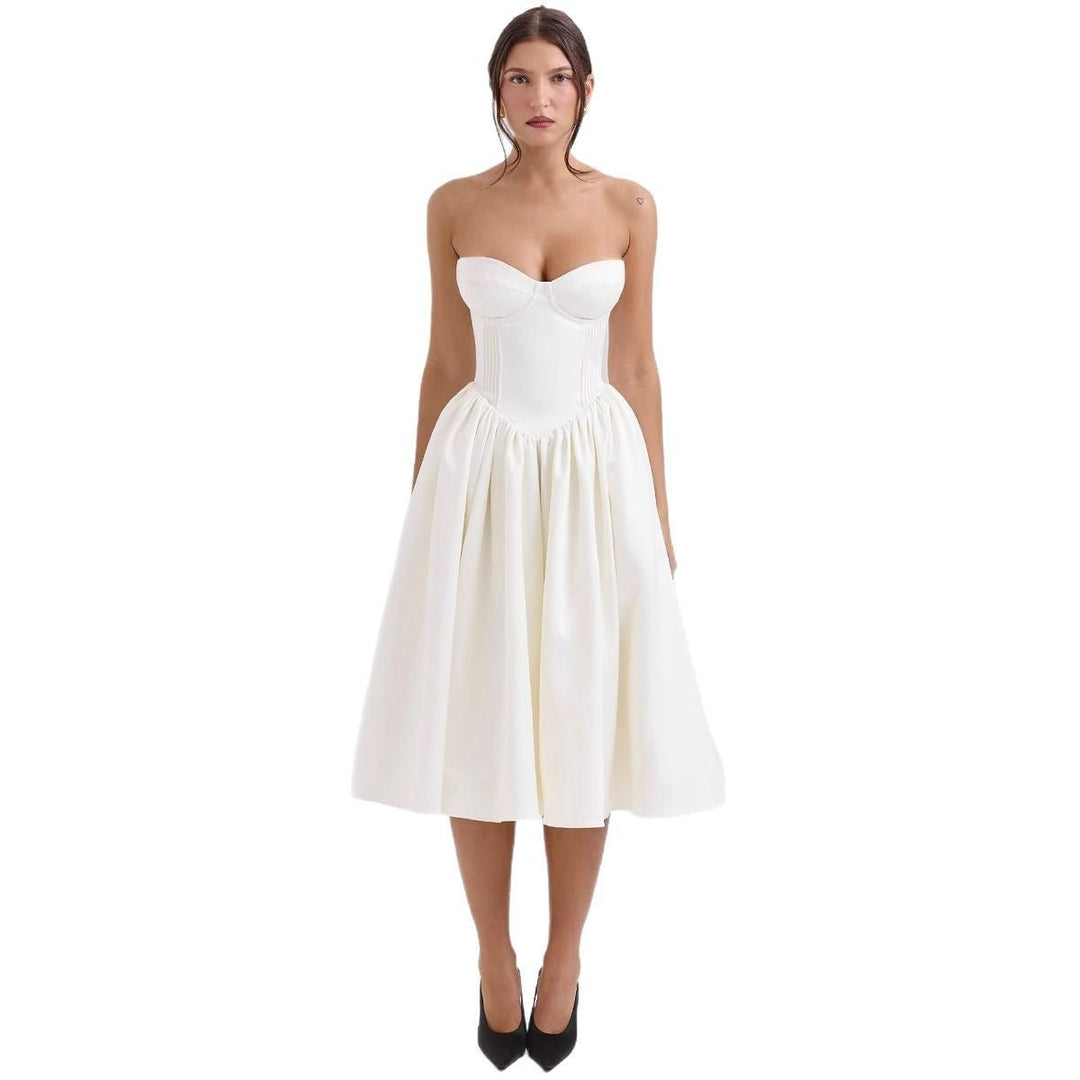 Women's Strapless Corset-Top Satin Midi Cocktail Dress
