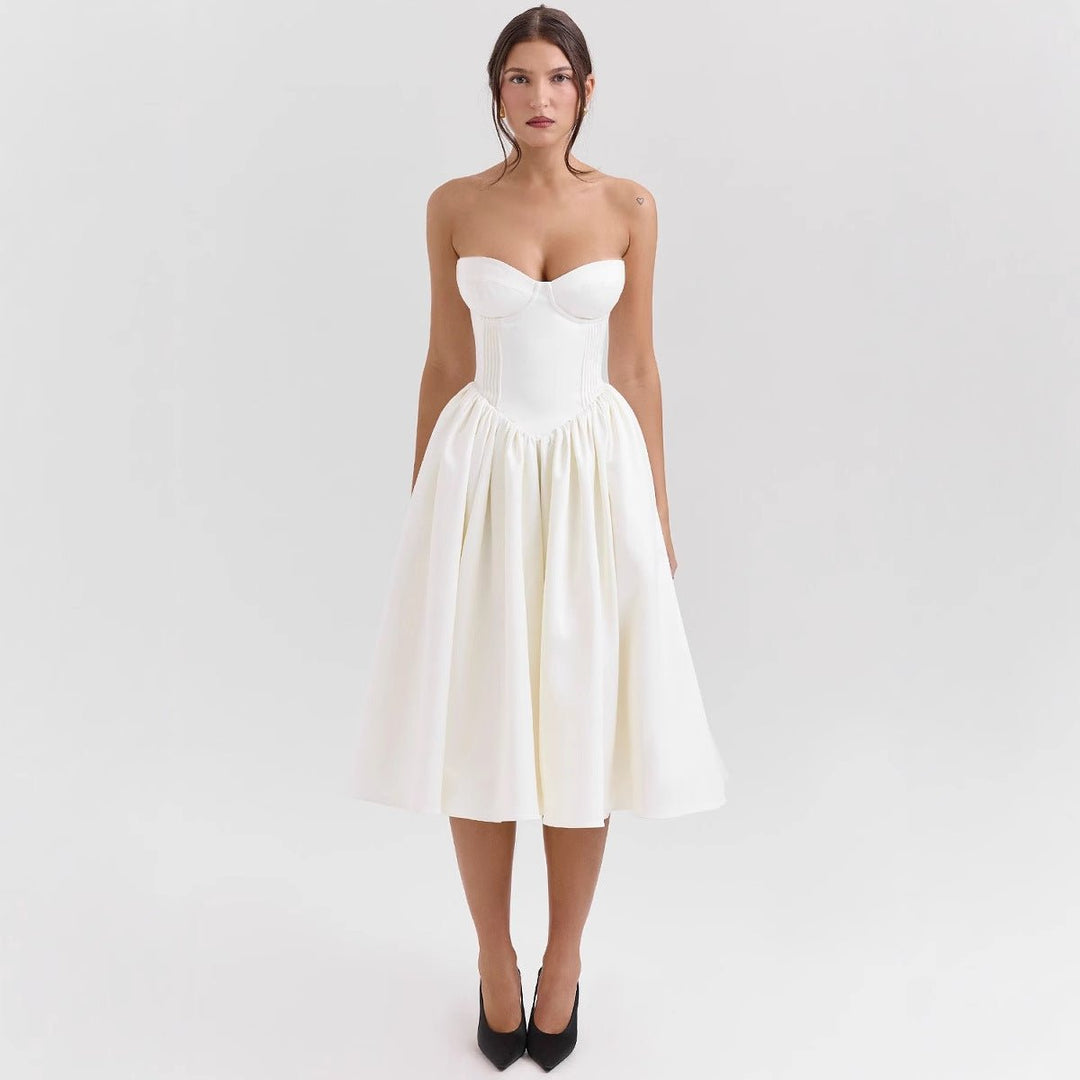 Women's Strapless Corset-Top Satin Midi Cocktail Dress - White