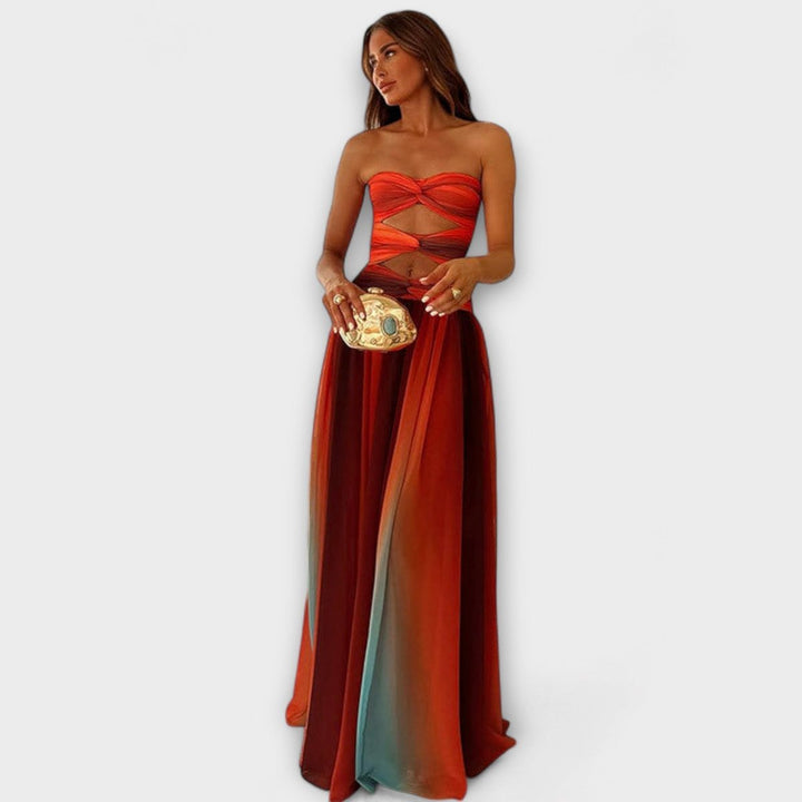 Women's Strapless Cutout Flowing A-Line Maxi Dress