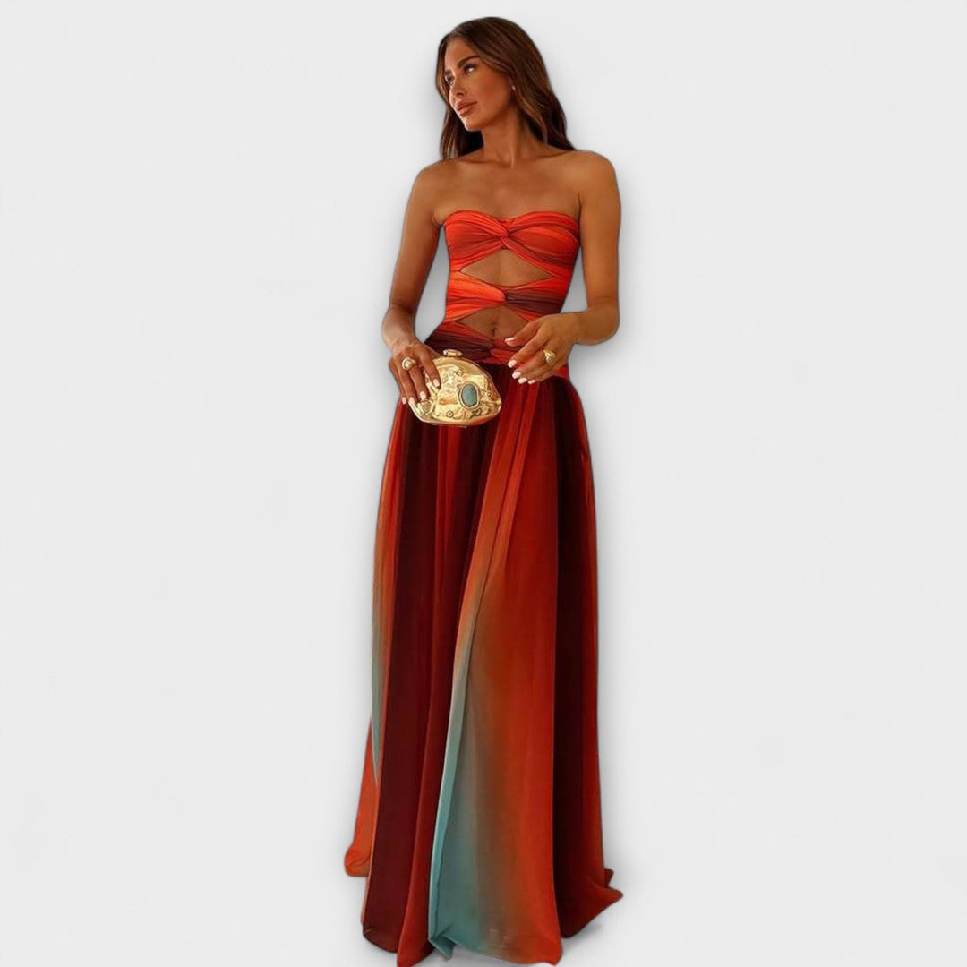 Women's Strapless Cutout Flowing A-Line Maxi Dress