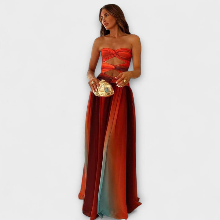 Women's Strapless Cutout Flowing A-Line Maxi Dress