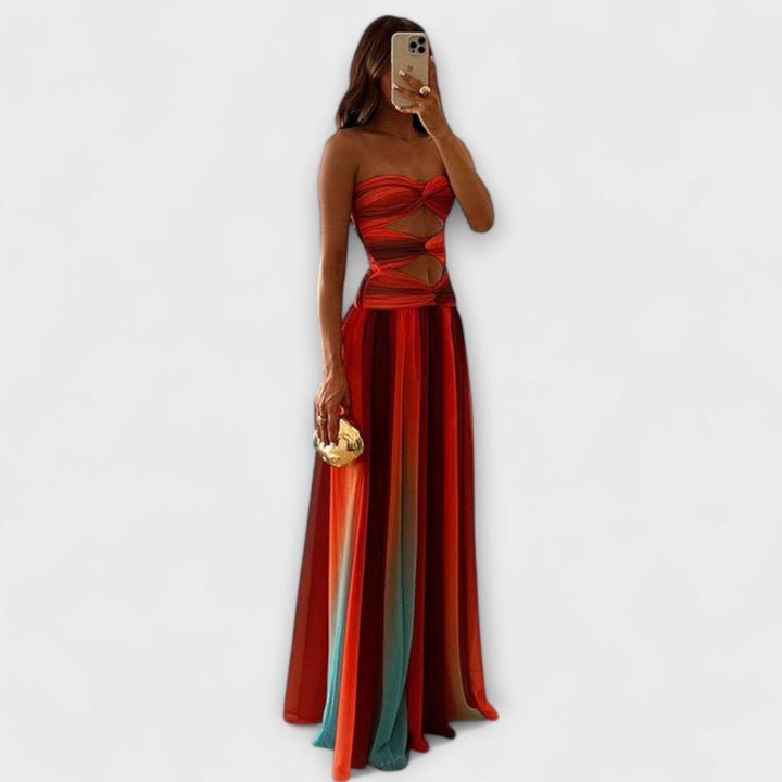 Women's Strapless Cutout Flowing A-Line Maxi Dress
