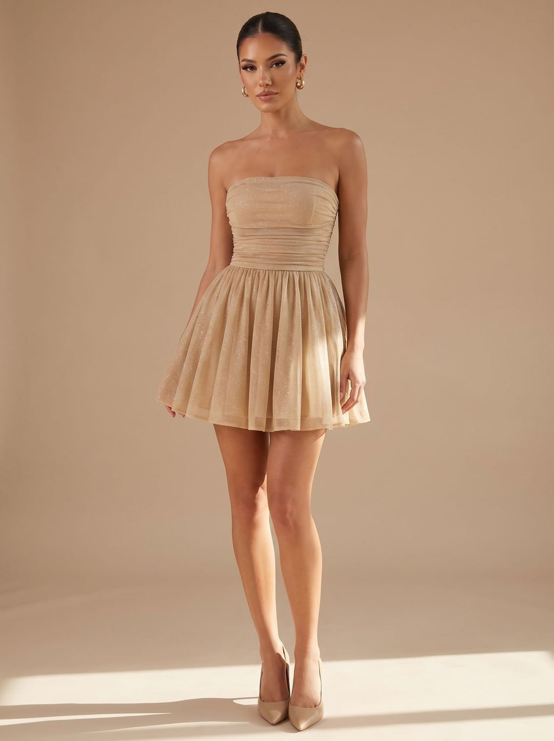 Women's Strapless Glitter Tulle Skater Mini Sequin Dress - Gold