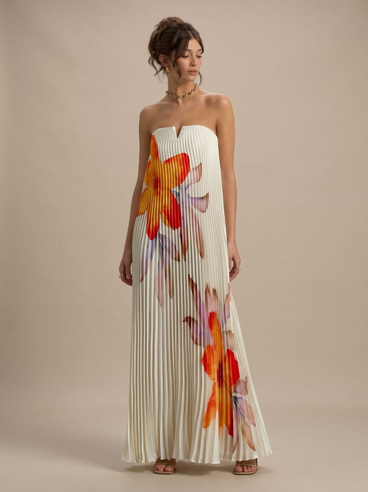 Women's Strapless Pleated Metallic Sweetheart Maxi Dress - Orange Floral