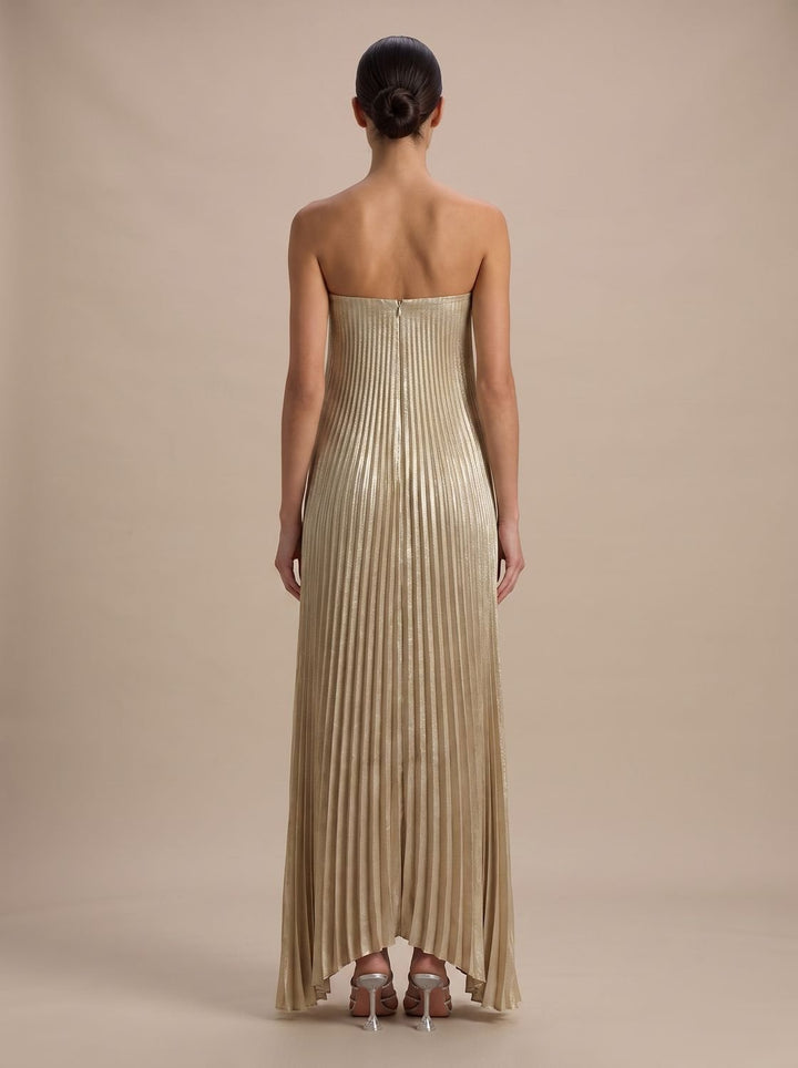Women's Strapless Pleated Metallic Sweetheart Maxi Dress