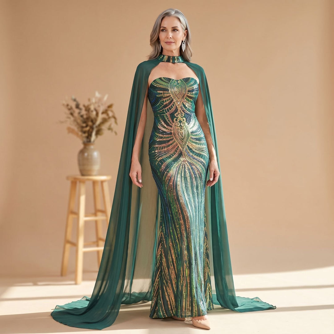 Women's Strapless Sequin Cape Mermaid Evening Gown