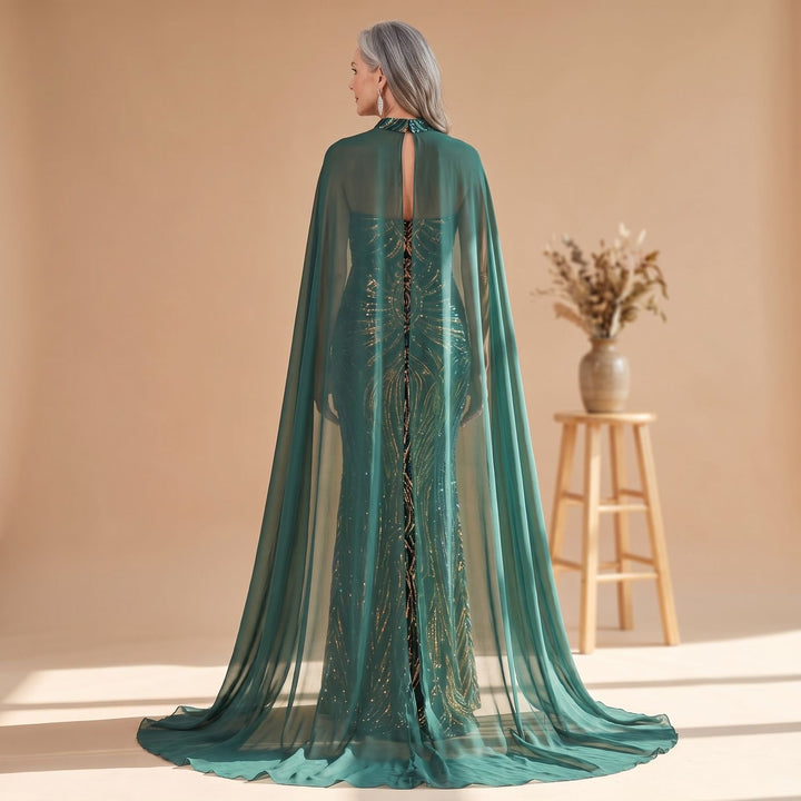 Women's Strapless Sequin Cape Mermaid Evening Gown