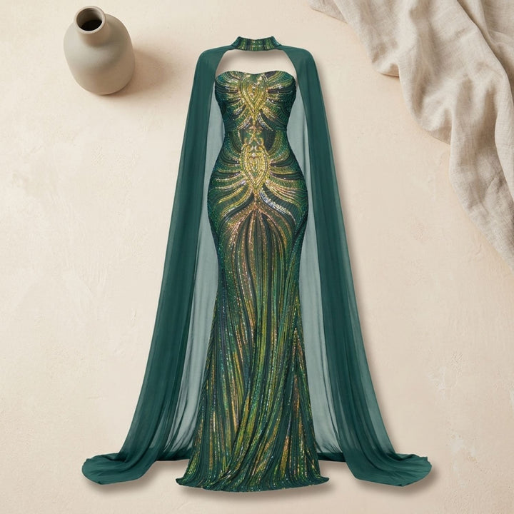 Women's Strapless Sequin Cape Mermaid Evening Gown - Green
